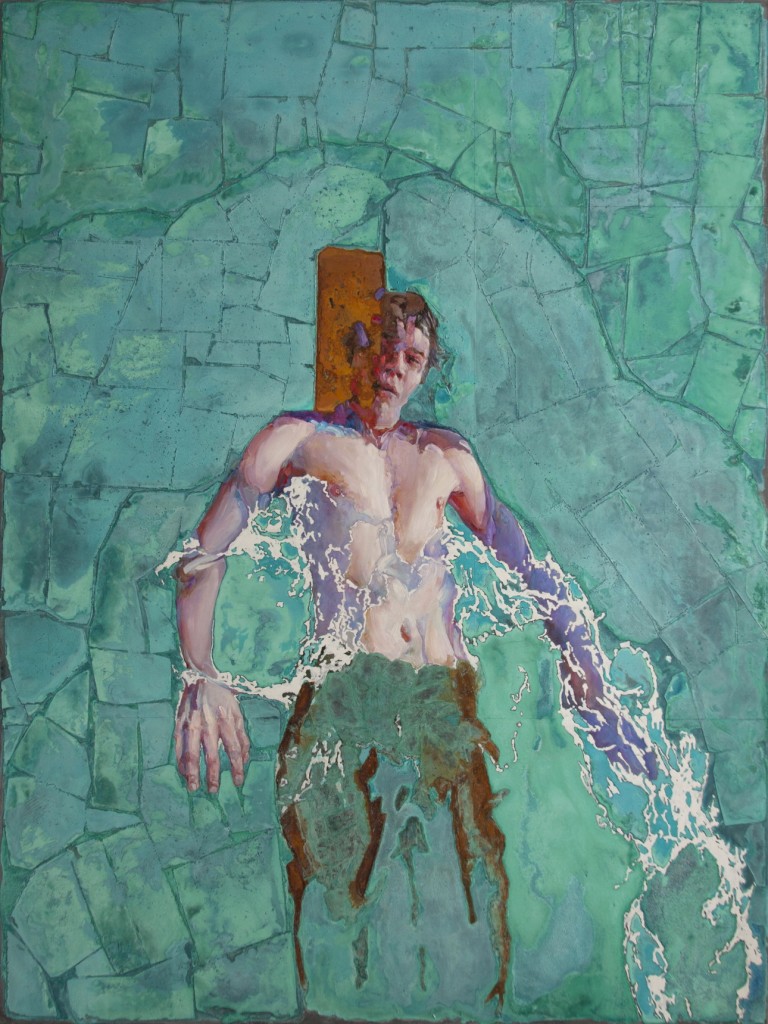 Piet Van Den Boog, Boy From Water 2, 2016, Acrylic and oil on lead, azurite_Malachite, green patina and Iron oxide, 200x150 cm.